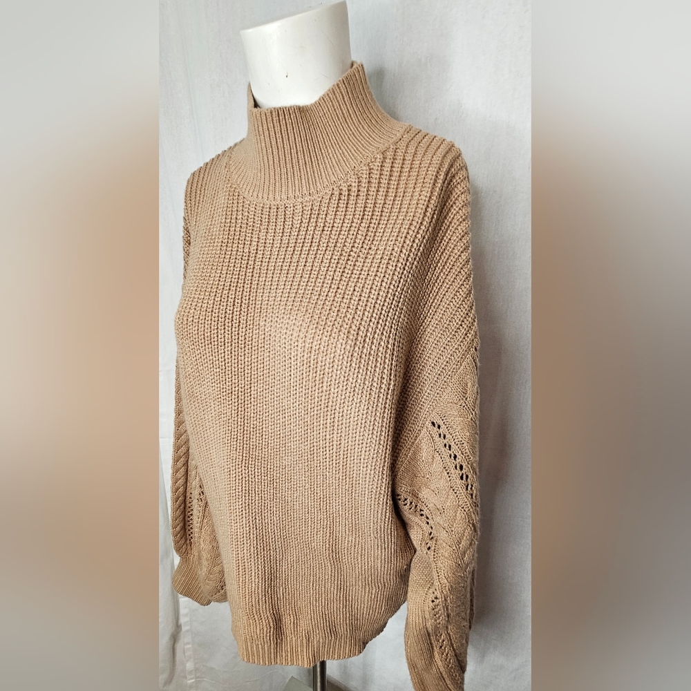 Windsor Tan Mock Neck Sweater with Cable Knit Detailed Balloon Sleeves Size L